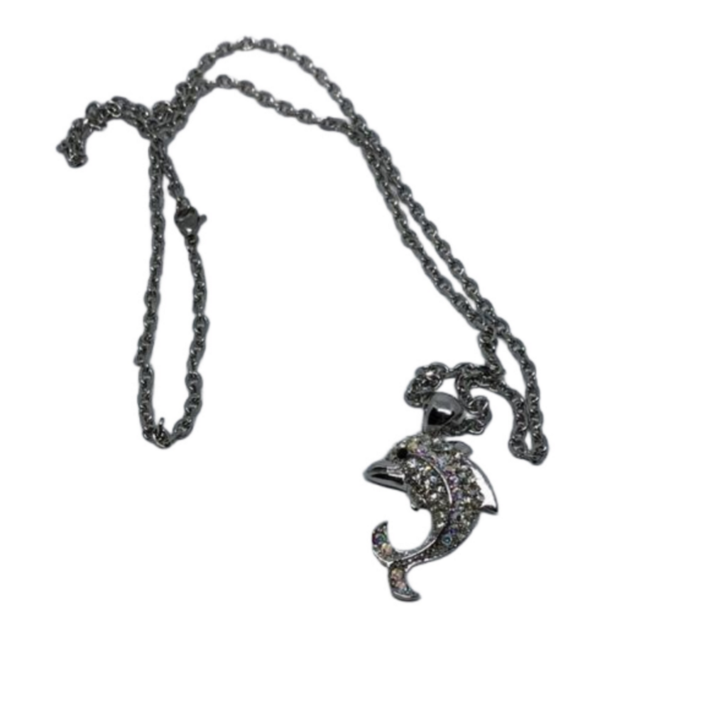 SILVER tone AB rhinestones dazzling dolphin necklace pendant